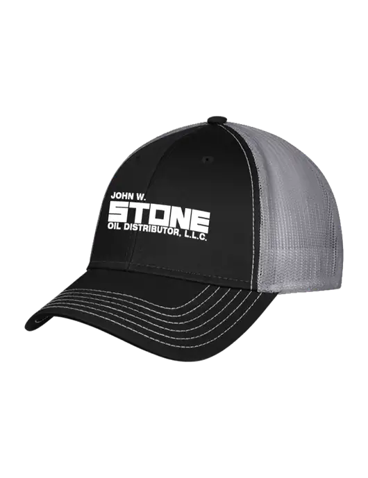 Black/Medium Dark Grey Mesh Trucker Cap Snap Back w/John W. Stone Oil Logo