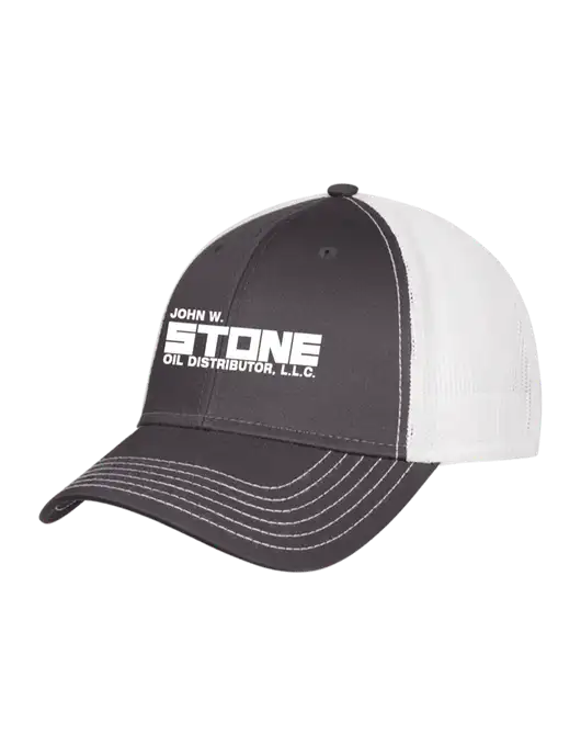 Dark Grey/White Mesh Trucker Cap Snap Back w/John W. Stone Oil Logo
