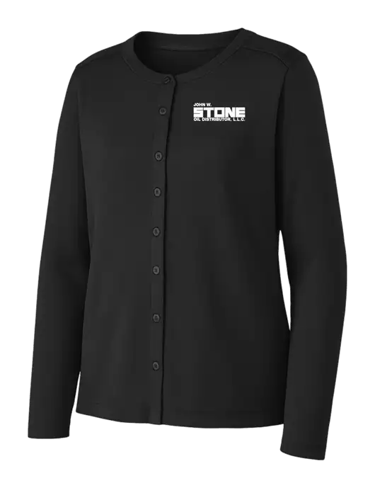 Black Womens Concept Stretch Button-Front Cardigan Sweater w/John W. Stone Oil Logo