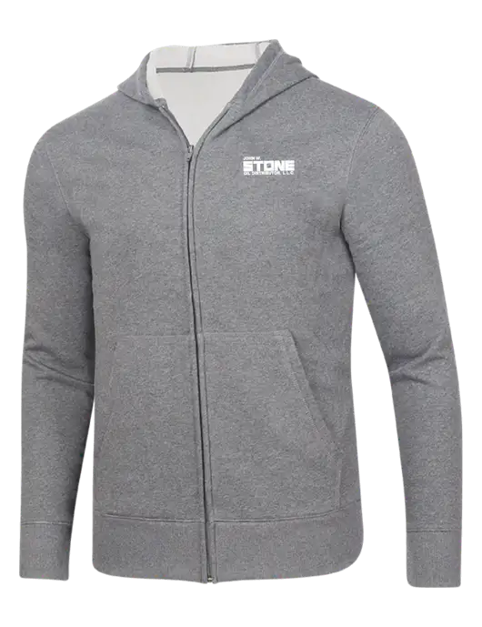 Full-Zip Medium Grey Heather Heavyweight Hooded Sweatshirt w/John W. Stone Oil Logo