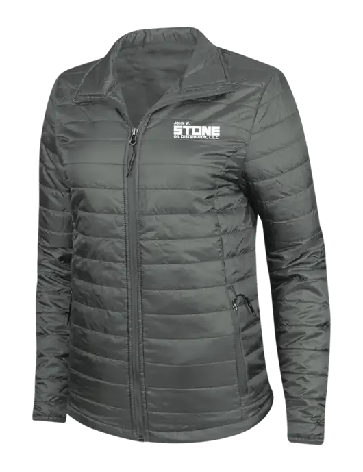 Dark Grey Womens Puffy Packable Jacket w/John W. Stone Oil Logo