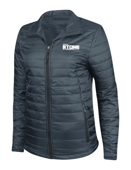 Navy Womens Puffy Packable Jacket w/John W. Stone Oil Logo