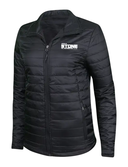 Womens Black Puffy Packable Jacket w/John W. Stone Oil Logo