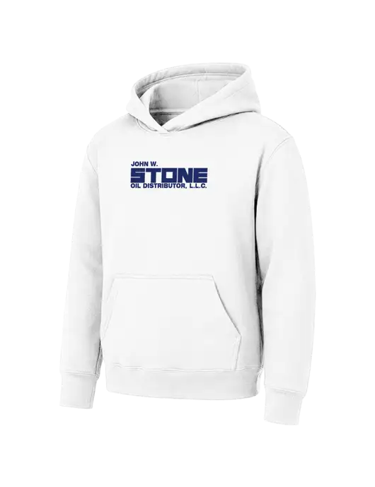Youth White 7.8 oz Pullover Hooded Sweatshirt w/John W. Stone Oil Logo