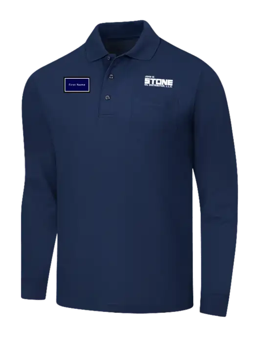 Navy Silk Touch Long Sleeve Polo with Pocket w/John W. Stone Oil Logo, John W. Stone Oil patch